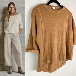 Poetry Womens Hemp Crewneck 2 Camel Brown 3/4 Sleeve Sustainable Minimalist